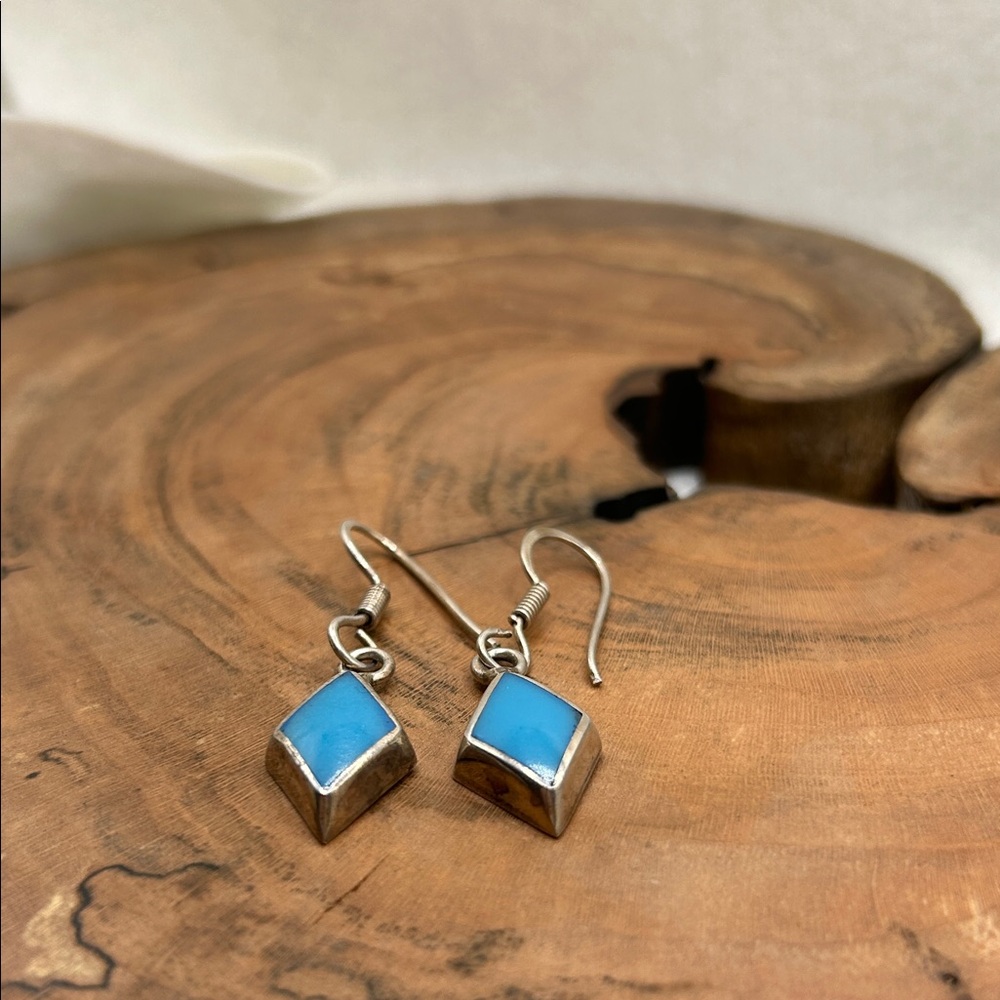 Vintage Turquoise Sterling 925 Hechoen Mexico Dangle Geometric Earrings